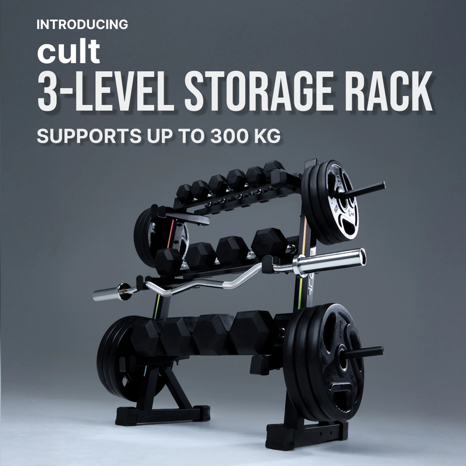 Cult 3 Level Storage Rack for weights (Rod, Plates & Dumbbell)